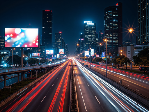 现代城市建筑夜景，高楼大厦灯火通明，车流轨迹形成光带，深蓝色夜空背景，都市繁华景象