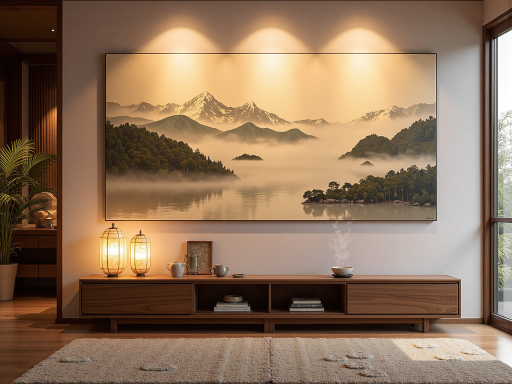 山川湖泊风景照，远山云雾缭绕，湖水清澈倒影，日出金色阳光洒向大地，天空渐变色彩丰富