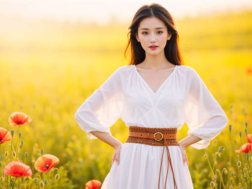 年轻女性模特正面照，穿白色连衣裙，长发披肩，微笑表情，户外自然光背景，绿色植物环绕