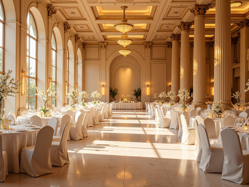 婚礼现场新娘穿白色婚纱，新郎穿黑色西服，两人拥抱微笑，金色暖色调背景，室内宴会厅装饰华丽